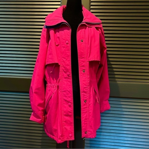 Vintage Bright Fuchsia Pink and Navy Blue Eddie Bauer Hooded Jacket, Size Medium - Picture 1 of 16